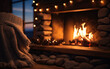 A cozy fireside scene with a warm blanket and twinkling lights