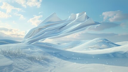 Poster - 3D rendering of an abstract winter landscape scene with flying cloth.