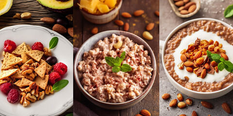 Wall Mural - Healthy breakfast set. Oatmeal porridge with nuts, fruits and berries.