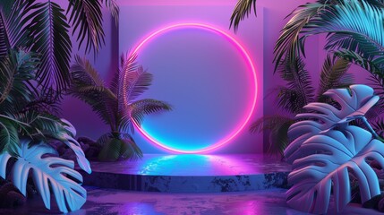 Leinwandbilder - 3D rendering of a summer podium backdrop with tropical leaves and neon lights.