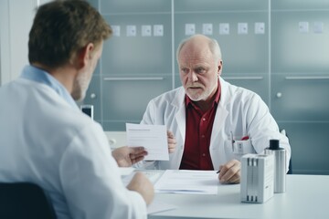 Poster -  Middle-aged man doing blood test in lab Atmosphere: The doctor explains the test results in detail. 