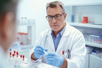 Poster -  Middle-aged man doing blood test in lab Atmosphere: The doctor explains the test results in detail. 