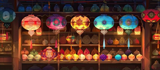 Poster - A multitude of vibrant lanterns adorn the ceiling of the store, creating a vivid display of colors. This artistic installation adds a touch of entertainment and ambiance to the building