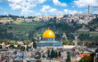 Panoramic view of the old city of Jerusalem, Dome of the Rock in the center, Mount of Olives in the background. blue sky with clouds. Jerusalem, Israel April 8, 2024