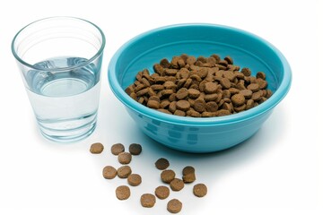 Poster - Dry dog food and water in blue bowl on white background