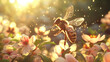 Enchanted Honeybee and Flowers with Sparkling Bokeh