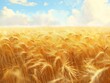 A field of golden wheat with a blue sky in the background. The field is vast and stretches out as far as the eye can see. The sun is shining brightly, casting a warm glow over the field