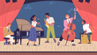 Jazz band characters concert. Musician playing retro piano, singing vocalist saxophonist artist stage performance african cultural music festival concept classy vector illustration