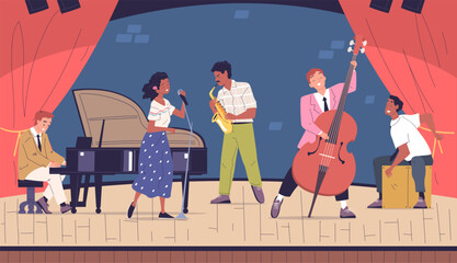 Wall Mural - Jazz band characters concert. Musician playing retro piano, singing vocalist saxophonist artist stage performance african cultural music festival concept classy vector illustration