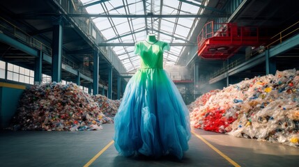 Poster - recycling plant Plastic bottles are turned into clothing. modern atmosphere State-of-the-art technology 