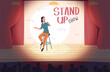Standup comedian. Stand up person on stool speaking monologue at scene stand-up comedy humor show, laughing people performance theatre stage background classy vector illustration
