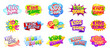 Kids zone badges. Kid play room sign sticker pack, childish fun party color logo cartoon stickers children entertainment zones bright text playground
