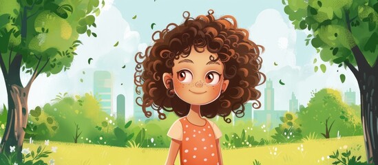 Sticker - A happy little girl with curly hair stands in the park, surrounded by trees, grass, and a beautiful natural landscape. She gestures playfully under the clear sky