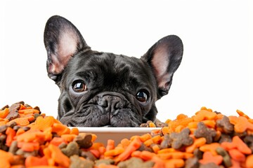 Poster - French bulldog hungry behind food mound on white background