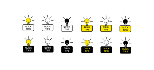 Quick tips icons. Different styles, yellow, light bulb, quick tips signs. Vector icons