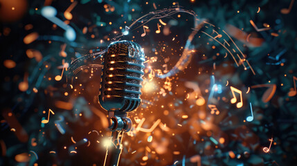 Microphone surrounded by a burst of musical notes and soundwaves. Music with glowing bokeh background, concert, karaoke or performance concept