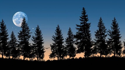 Wall Mural - nature landscape with moon and green trees 