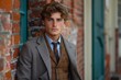 © Larisa AI - An elegantly dressed young man with curly hair wearing a tweed jacket and tie, leaning against a brick wall