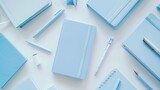 Fototapeta  - light blue books, pens and notepads, watercolor style, white background 