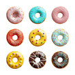 Assorted colorful donuts on a transparent backdrop