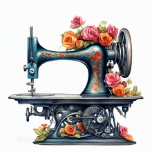 Antique Sewing Machine With Colorful Spools Of Thread, Surrounded By Vintage Roses, In The Style Of Hyper-realistic Illustration
