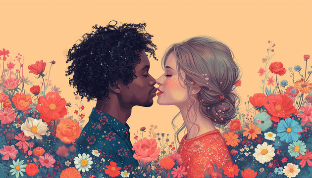 World kiss day illustration. European Woman and black african american man kissing on beige background with flowers.