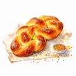 A hyper-realistic illustration of a beautifully braided challah bread, sprinkled with sesame and poppy seeds