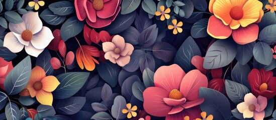 Wall Mural - A stunning arrangement of flowers and leaves in electric blue and magenta colors, set against a dark background. This artwork celebrates the beauty of flowering plants like roses