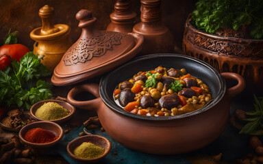 Moroccan tagine, rich spices, vibrant vegetables, clay dish, warm lighting