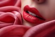 This image captures the sensual appeal of red lipstick on a close-up of lips, partially covered by a silky fabric