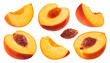Peaches isolated set. Collection of sliced peaches on a transparent background