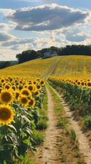 Wall Mural - A panorama of a sunflower field with a dirt road winding through it, leading towards a quaint farmhouse