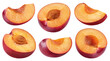 Plum isolated set. Collection of halves and slices of red plums on a transparent background.
