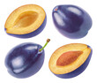 Set of blue plums isolated on transparent background.