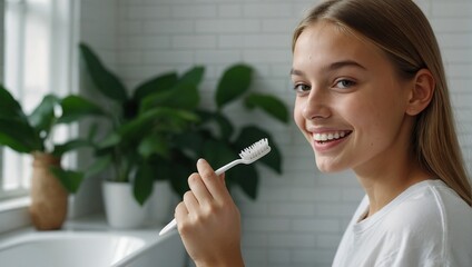 Wall Mural - Happy young beautiful Caucasian woman takes care of her facial skin.