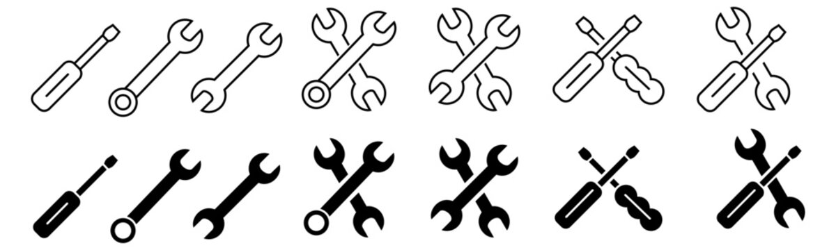 wench icon set. crossed wrench tool with ratchet vector icon set. symbol and sign of mechanic job, t