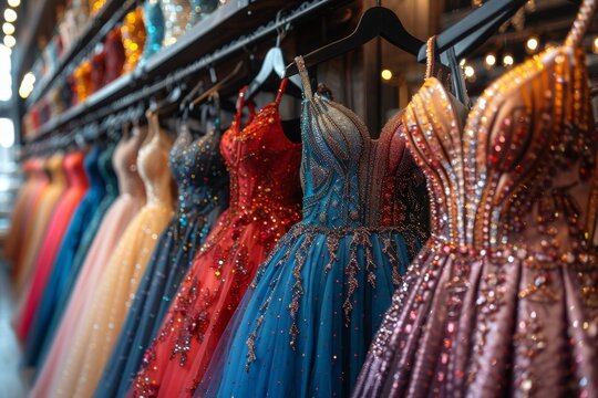 Bright and colorful sequined gowns artistically presented on dress forms in a retail shop, exhibiting a variety of designs
