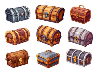 Wall Mural - Cartoon wooden treasure chests, old reward boxes wood chest rpg 2d game asset pirate treasures set vector illustration