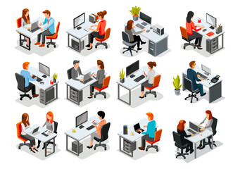 Fototapete - Isometric office workers set, employee with laptop job workplace staff businessman partnership manager with and customer meeting vector illustration