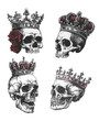 Skulls royal crown or monarch cap, dead king queen skull with roses vintage trash polka tattoo style kingdom sketch vector illustration