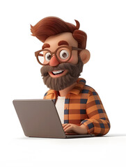 Sticker - 3D cartoon bearded hipster man working with laptop isolated on white background