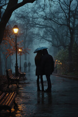 Wall Mural - A couple is standing under an umbrella in the rain