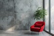 Modern loft interior with red armchair and concrete walls