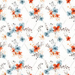 Watercolor illustration of airy orange and blue blooms on white background.