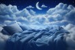 Comfortable bedding or healthy sleeping concept of flying cozy bed on background of amazing night sky