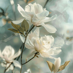 a two white flowers that are on a branch