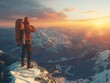 A man with a backpack is standing on a mountain top, looking out at the beautiful sunset. Concept of adventure and awe, as the man takes in the breathtaking view of the mountains and the sky