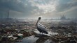 In this stunning generative AI rendering, a lone pelican stands tall and proud, its imposing figure a symbol of resilience in the face of environmental destruction. The piles of discarded waste surrou