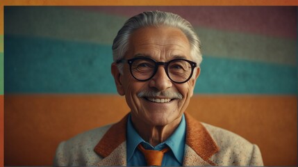 young elderly man smiling in retro vintage pop style concept colorful background from Generative AI