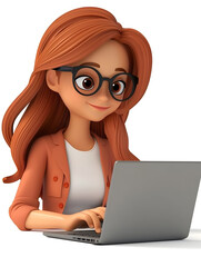 Sticker - 3D cartoon woman working with laptop isolated on white background